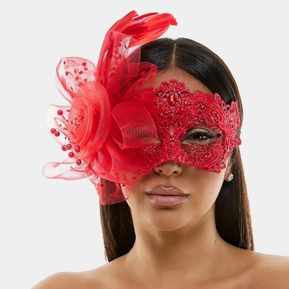 Red Lace Tulle Flower Feather Half Face Mask Masquerade Headpiece EyeMask